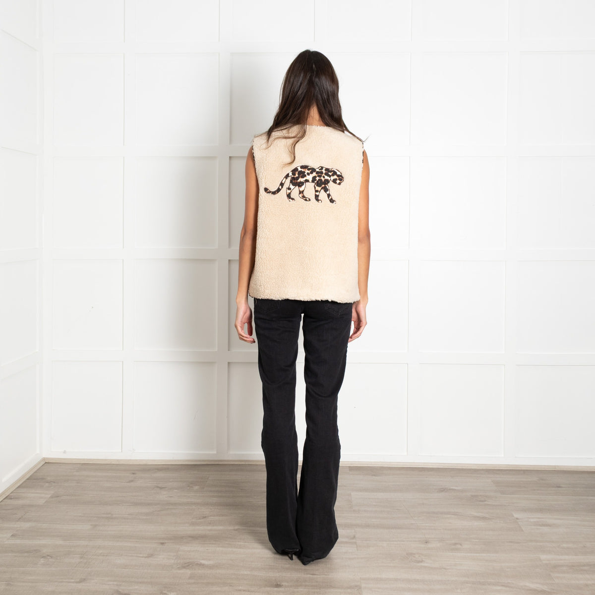 Lolly's Laundry Cotton Mix Faux Fur Gilet with Leopard Trim - Image 4