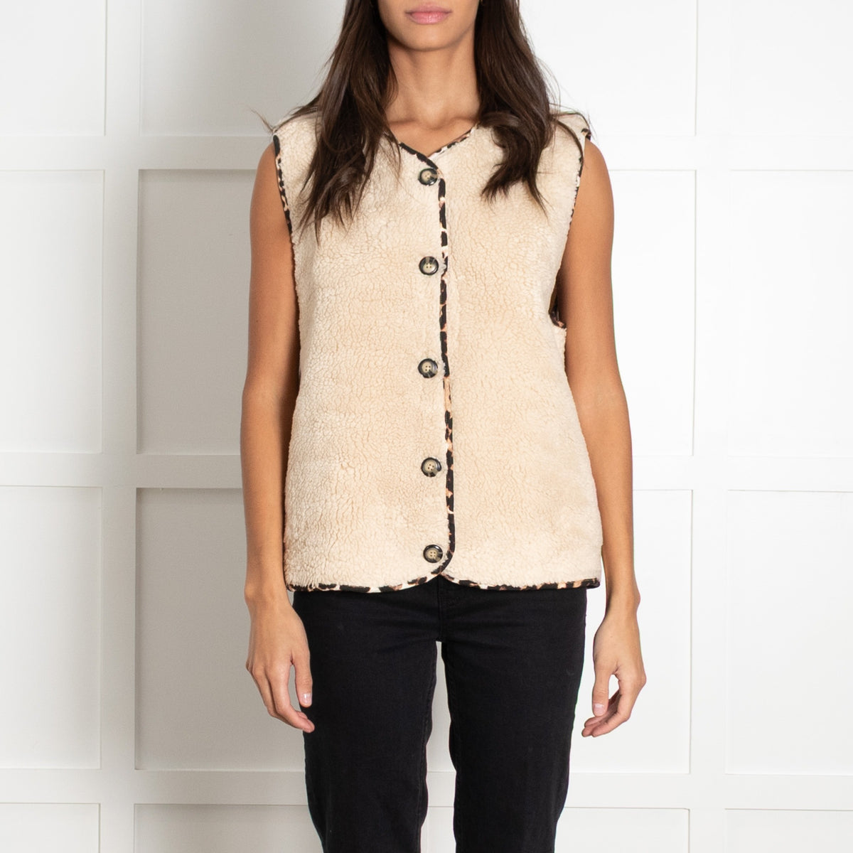 Lolly's Laundry Cotton Mix Faux Fur Gilet with Leopard Trim - Image 7