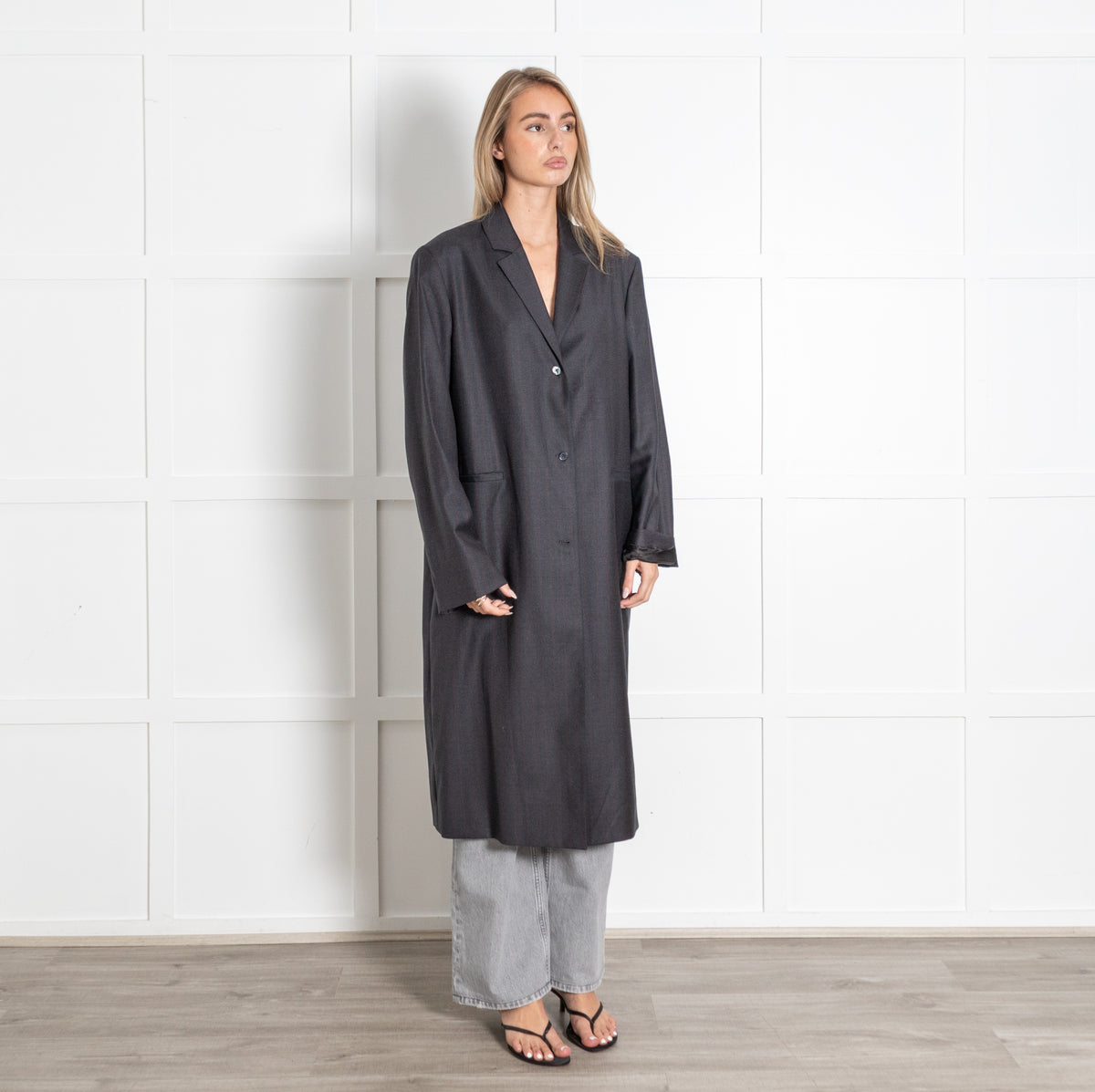 Dark Grey Red Pin Stripe Longline Oversized  Blazer Coat - Image 7