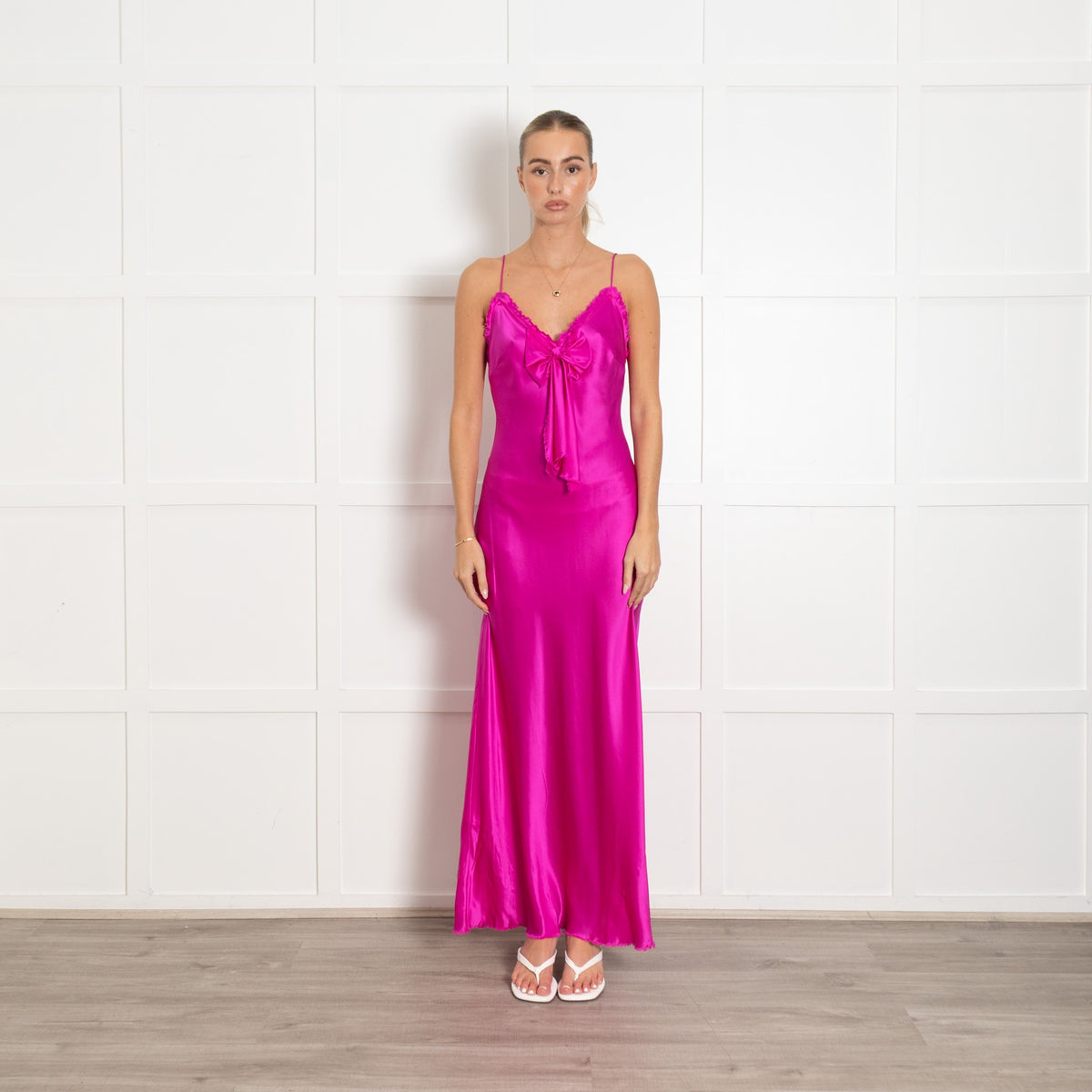 LoveShackFancy Bright Pink Sleeveless Front Bow Silk Slip Dress - Image 1