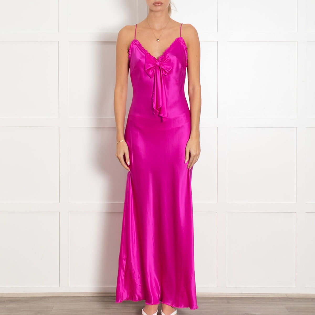 LoveShackFancy Bright Pink Sleeveless Front Bow Silk Slip Dress - Image 2