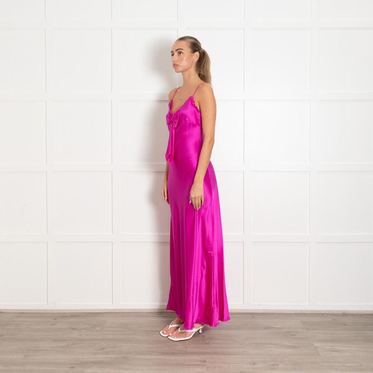 LoveShackFancy Bright Pink Sleeveless Front Bow Silk Slip Dress - Image 3