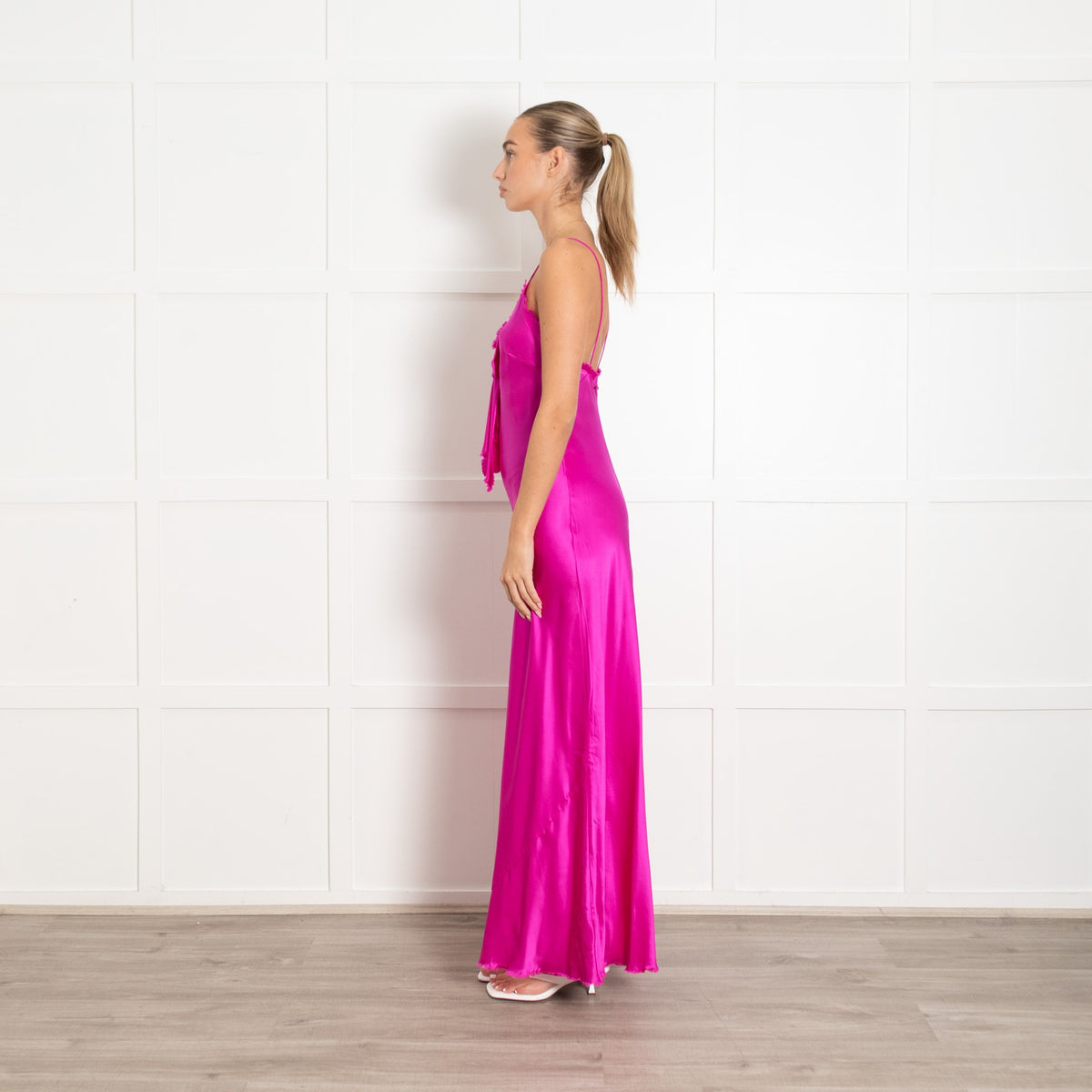 LoveShackFancy Bright Pink Sleeveless Front Bow Silk Slip Dress - Image 4