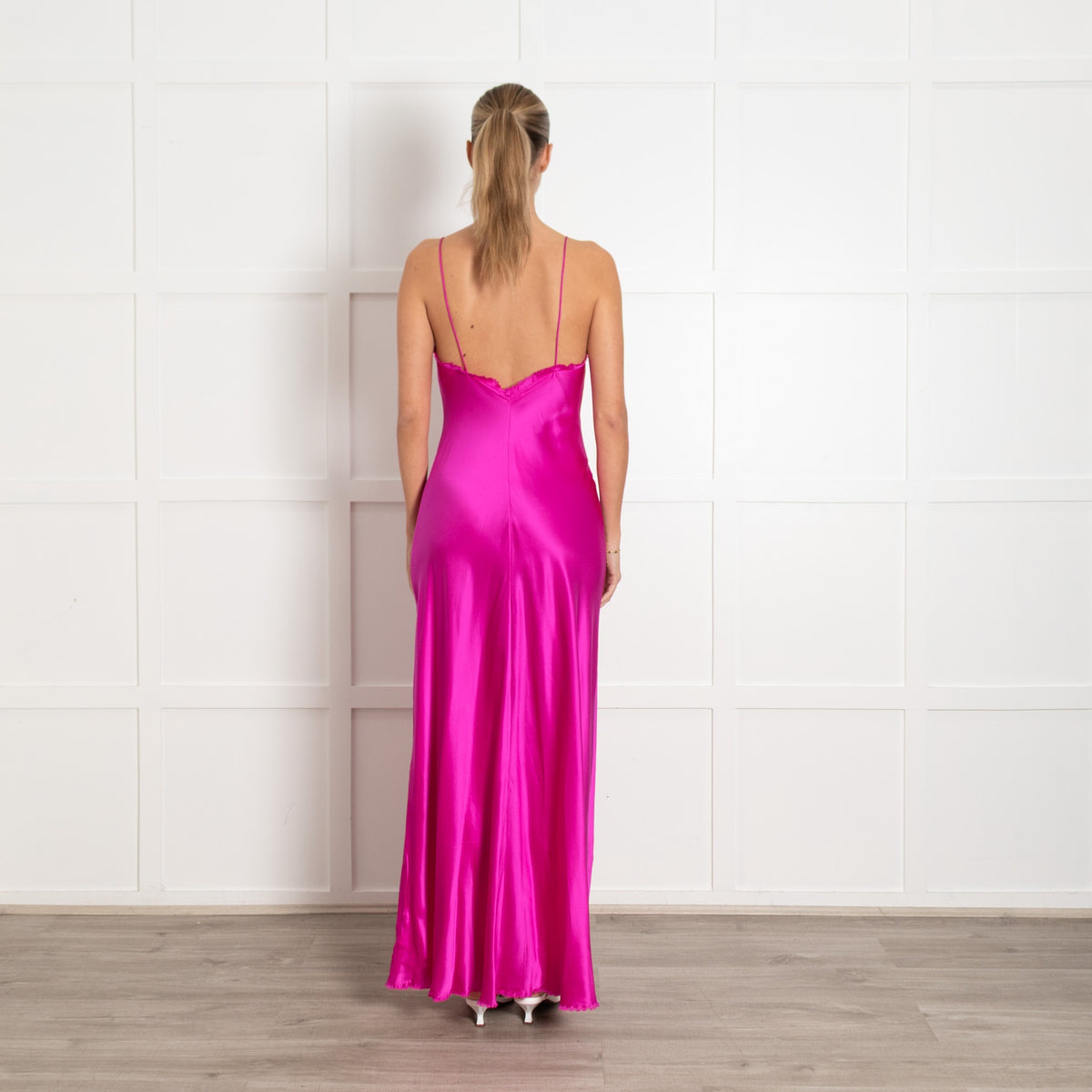 LoveShackFancy Bright Pink Sleeveless Front Bow Silk Slip Dress - Image 5