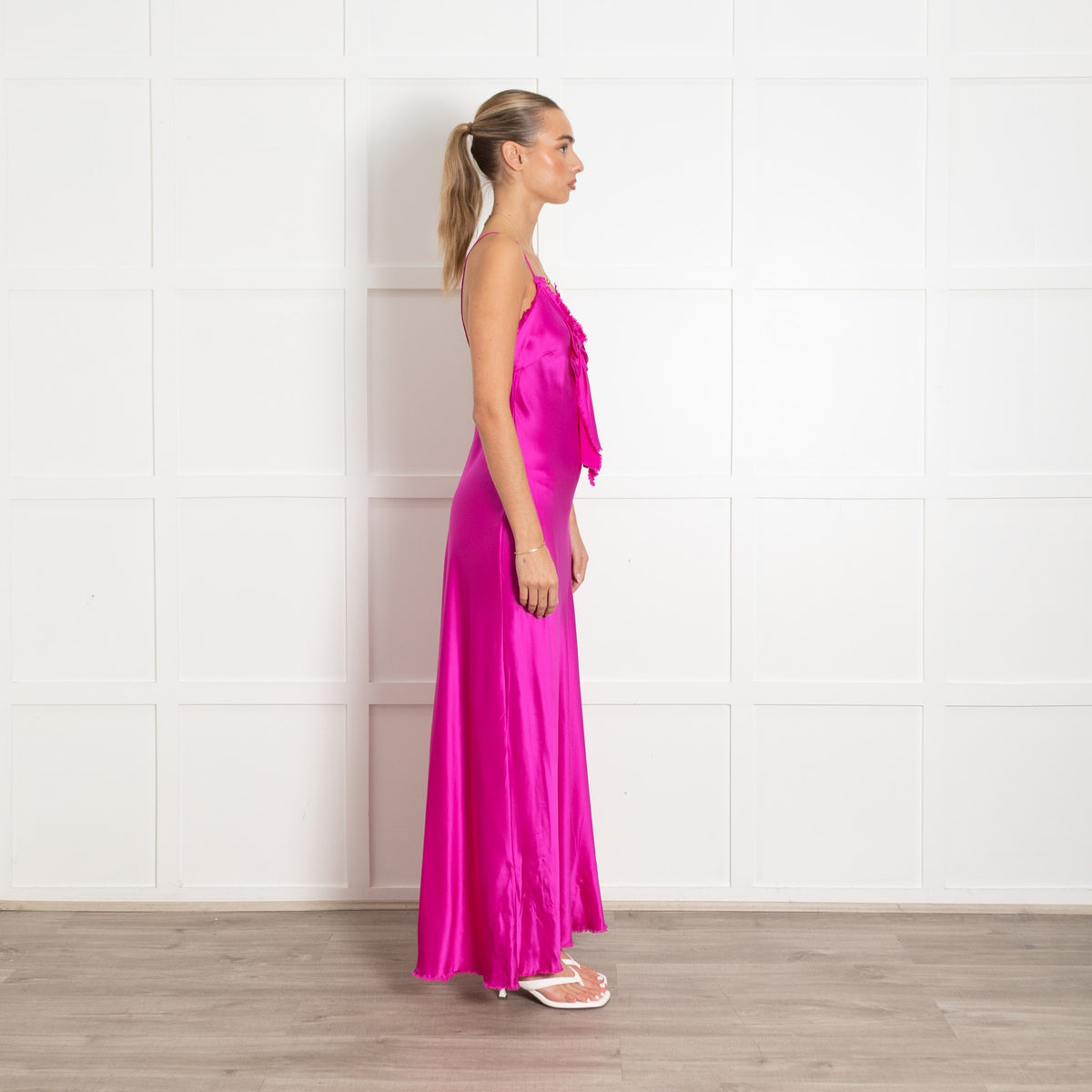 LoveShackFancy Bright Pink Sleeveless Front Bow Silk Slip Dress - Image 6