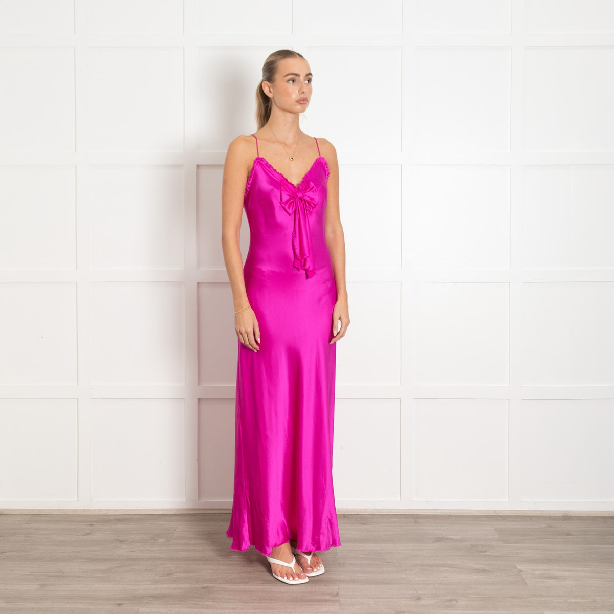 LoveShackFancy Bright Pink Sleeveless Front Bow Silk Slip Dress - Image 7