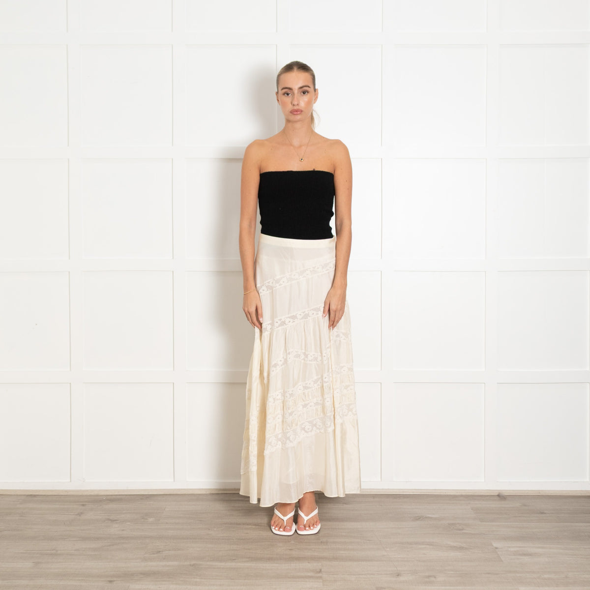 LoveShackFancy Cream Lace Detail Silk Skirt - Image 1