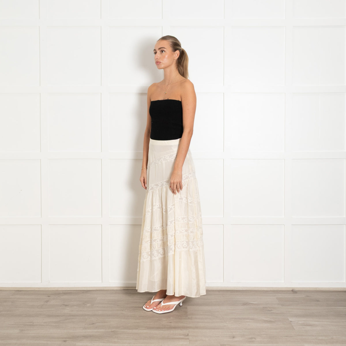 LoveShackFancy Cream Lace Detail Silk Skirt - Image 3