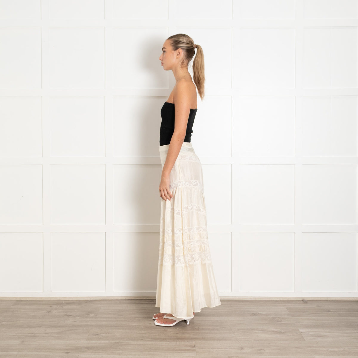 LoveShackFancy Cream Lace Detail Silk Skirt - Image 4