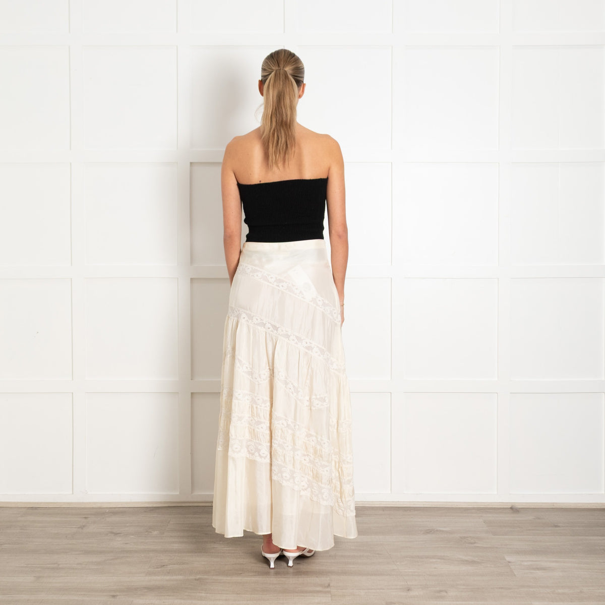 LoveShackFancy Cream Lace Detail Silk Skirt - Image 5