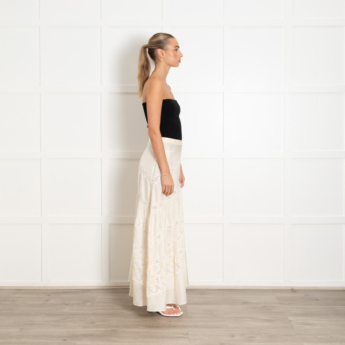 LoveShackFancy Cream Lace Detail Silk Skirt - Image 6