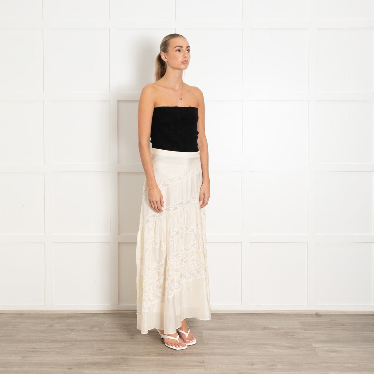 LoveShackFancy Cream Lace Detail Silk Skirt - Image 7