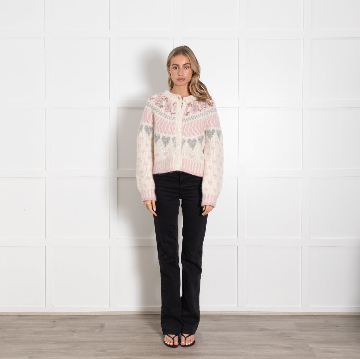 LoveShackFancy Cream Pink Alpaca Blend Fair Isle Cardigan UK 6 - Image 1
