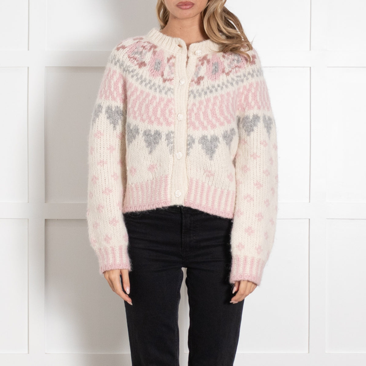 LoveShackFancy Cream Pink Alpaca Blend Fair Isle Cardigan UK 6 - Image 2