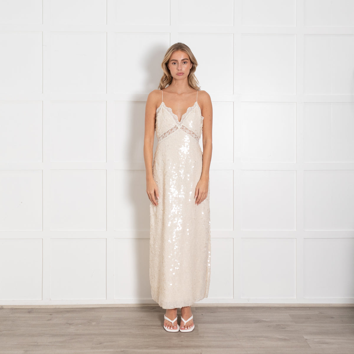 LoveShackFancy Cream Sequin and Lace Trim Maxi Dress - Image 1