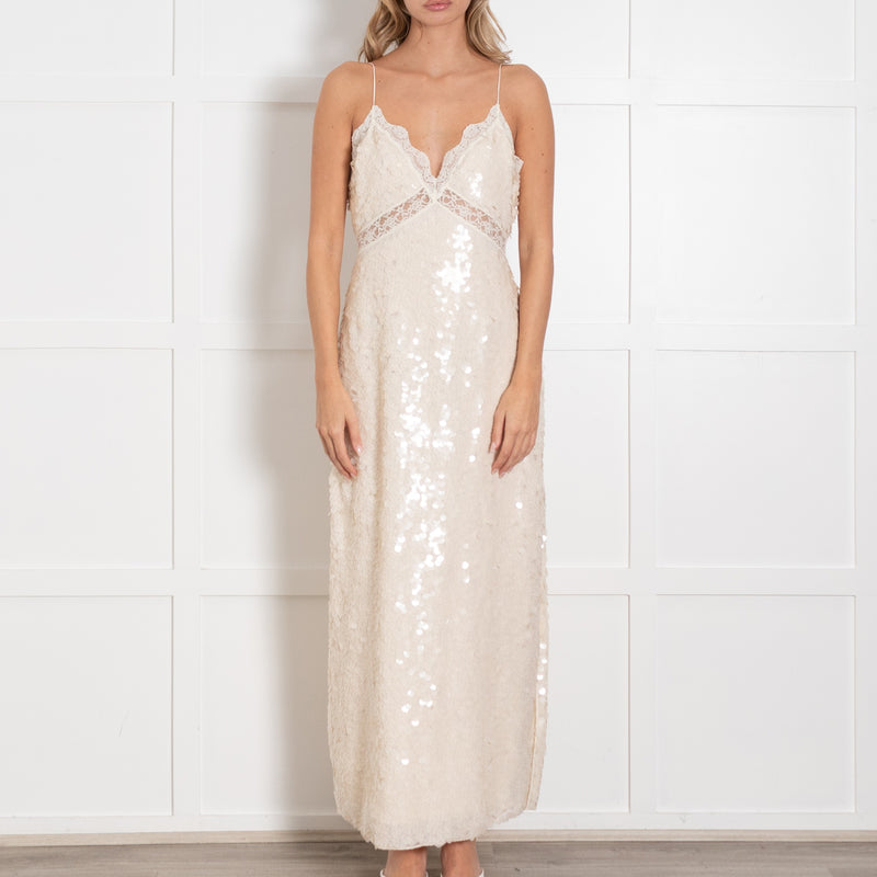 LoveShackFancy Cream Sequin and Lace Trim Maxi Dress - Image 2