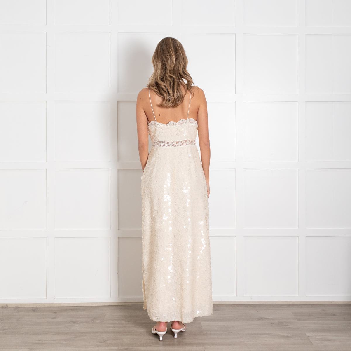 LoveShackFancy Cream Sequin and Lace Trim Maxi Dress - Image 4