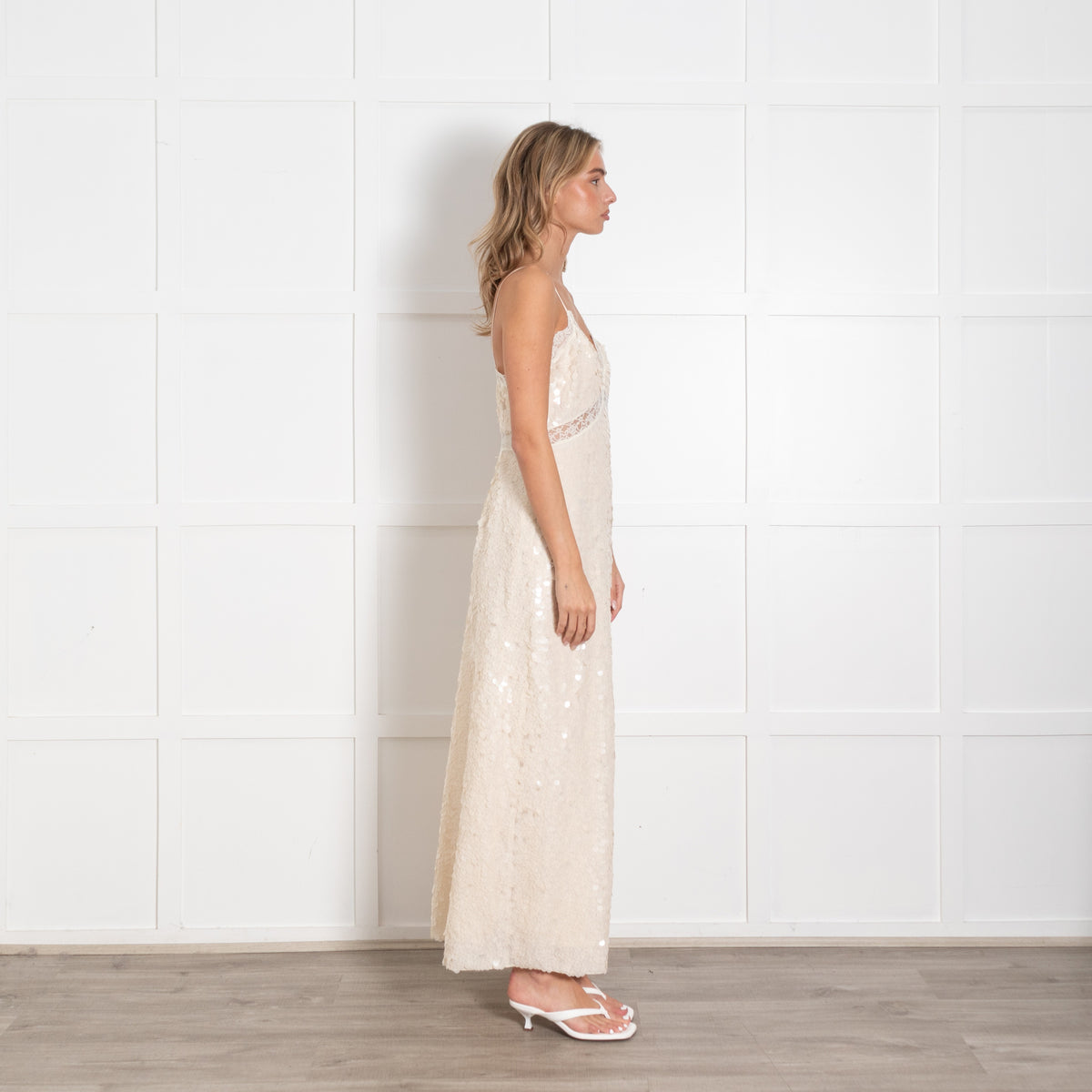 LoveShackFancy Cream Sequin and Lace Trim Maxi Dress - Image 5
