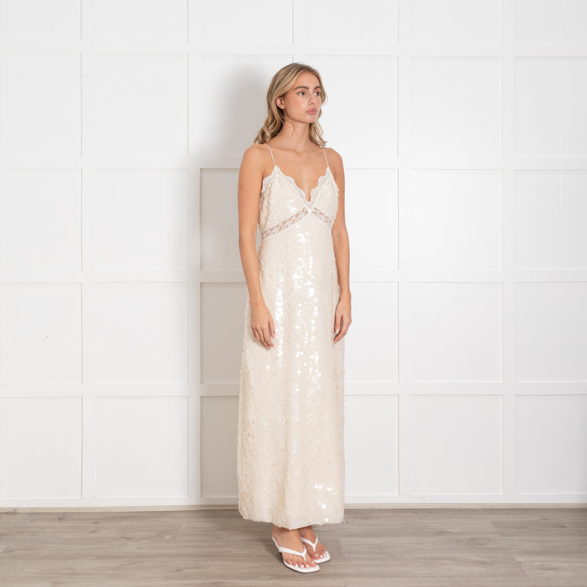LoveShackFancy Cream Sequin and Lace Trim Maxi Dress - Image 6