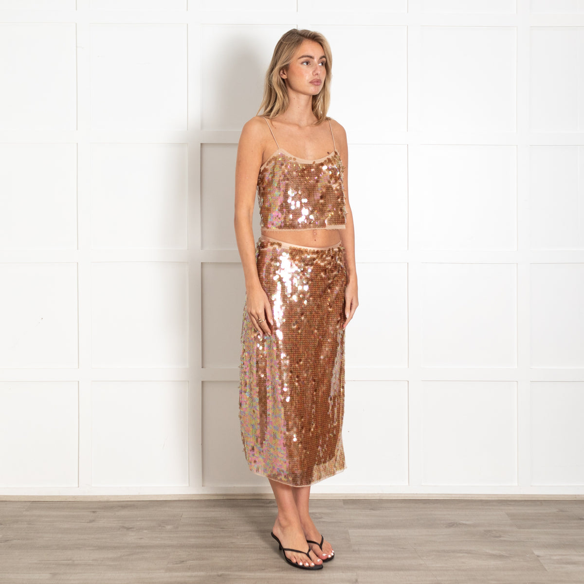LoveShackFancy Gold and Pink Sequin Midi Skirt - Image 7