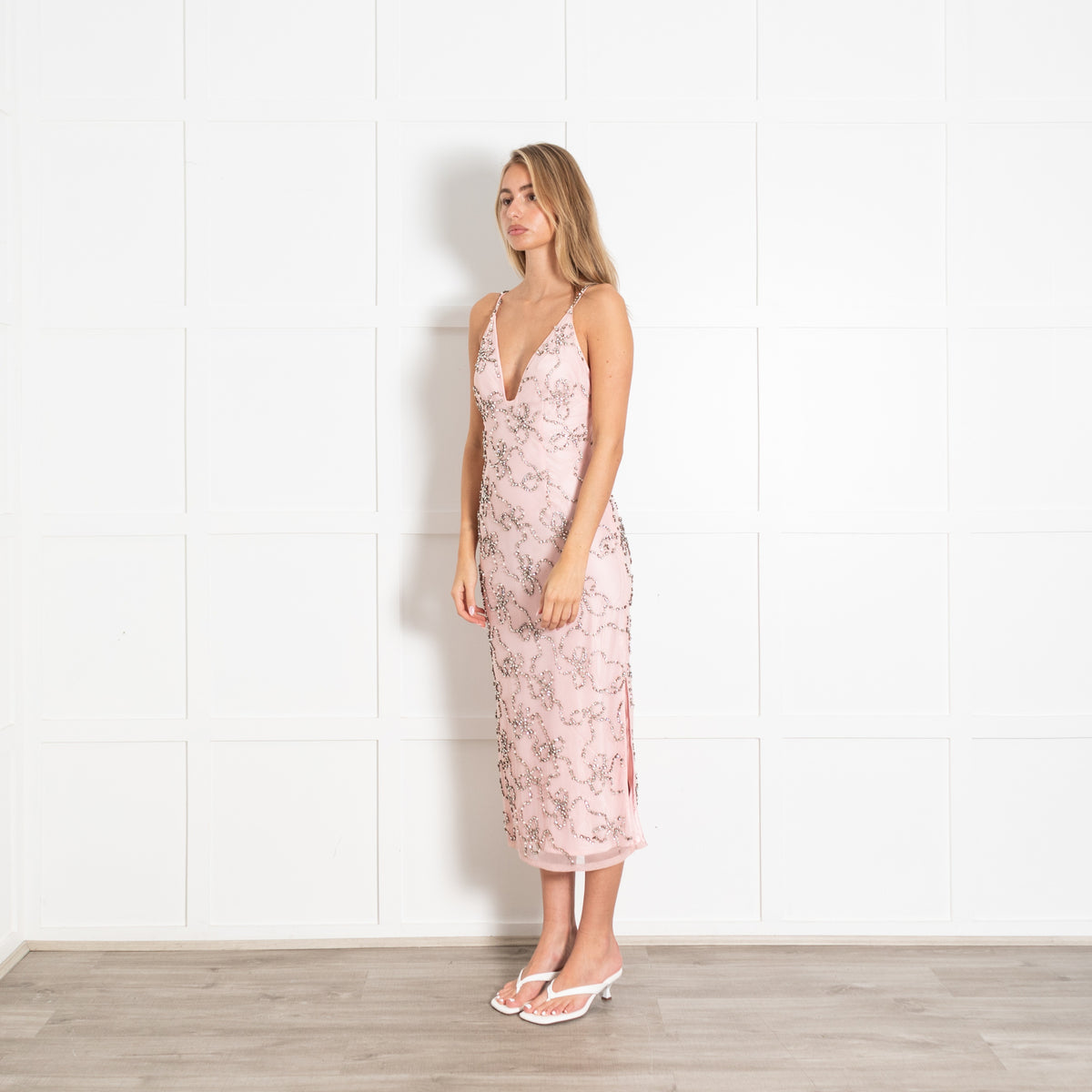 Pink Beaded Bow Slip Long Dress - Image 3