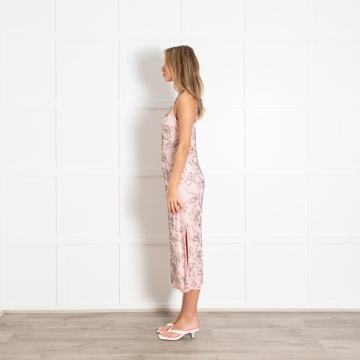 Pink Beaded Bow Slip Long Dress - Image 4