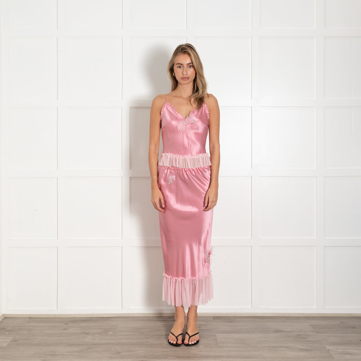 Pink Satin Embellished Cami Crop Top - Image 1