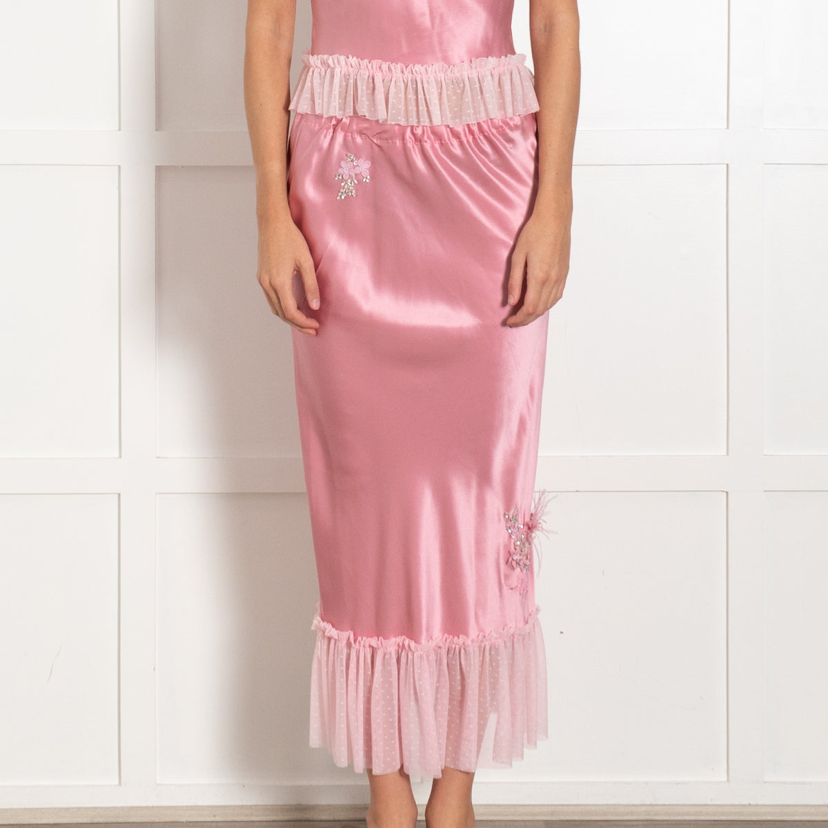 Pink Satin Lingerie Style Midi Skirt - Image 2