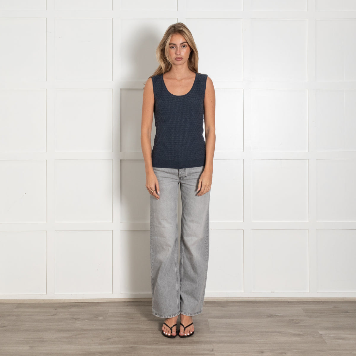 M Missoni Textured Scoop Neck Tank Top Navy Blue - Image 1