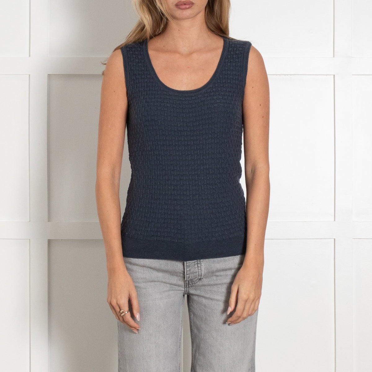 M Missoni Textured Scoop Neck Tank Top Navy Blue - Image 2
