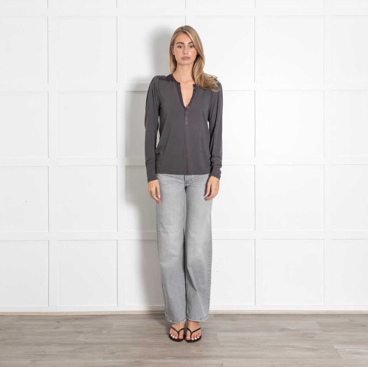 Grey Satin Trim Long Sleeve V-Neck Top - Image 1