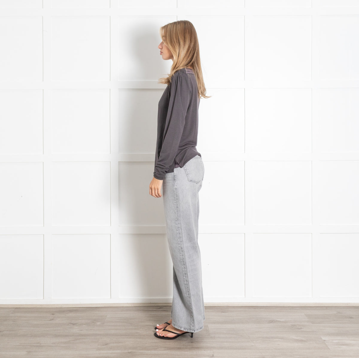 Grey Satin Trim Long Sleeve V-Neck Top - Image 4