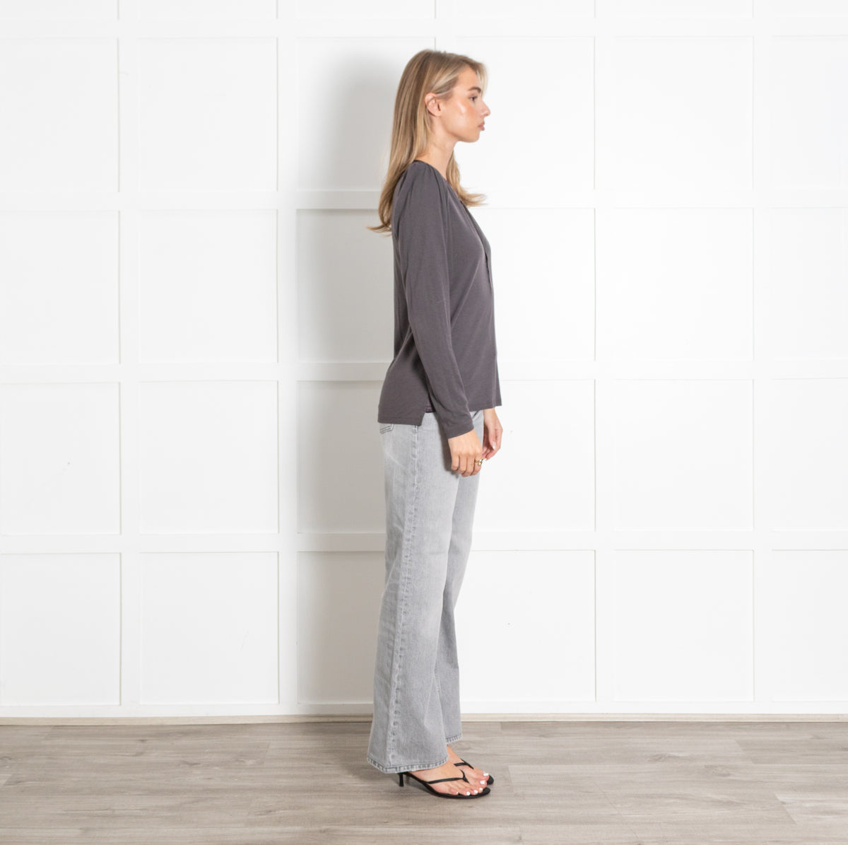 Grey Satin Trim Long Sleeve V-Neck Top - Image 6