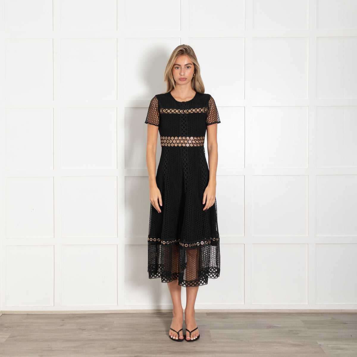 Maje Black Lace Eyelet Detail Midi Dress - Image 1