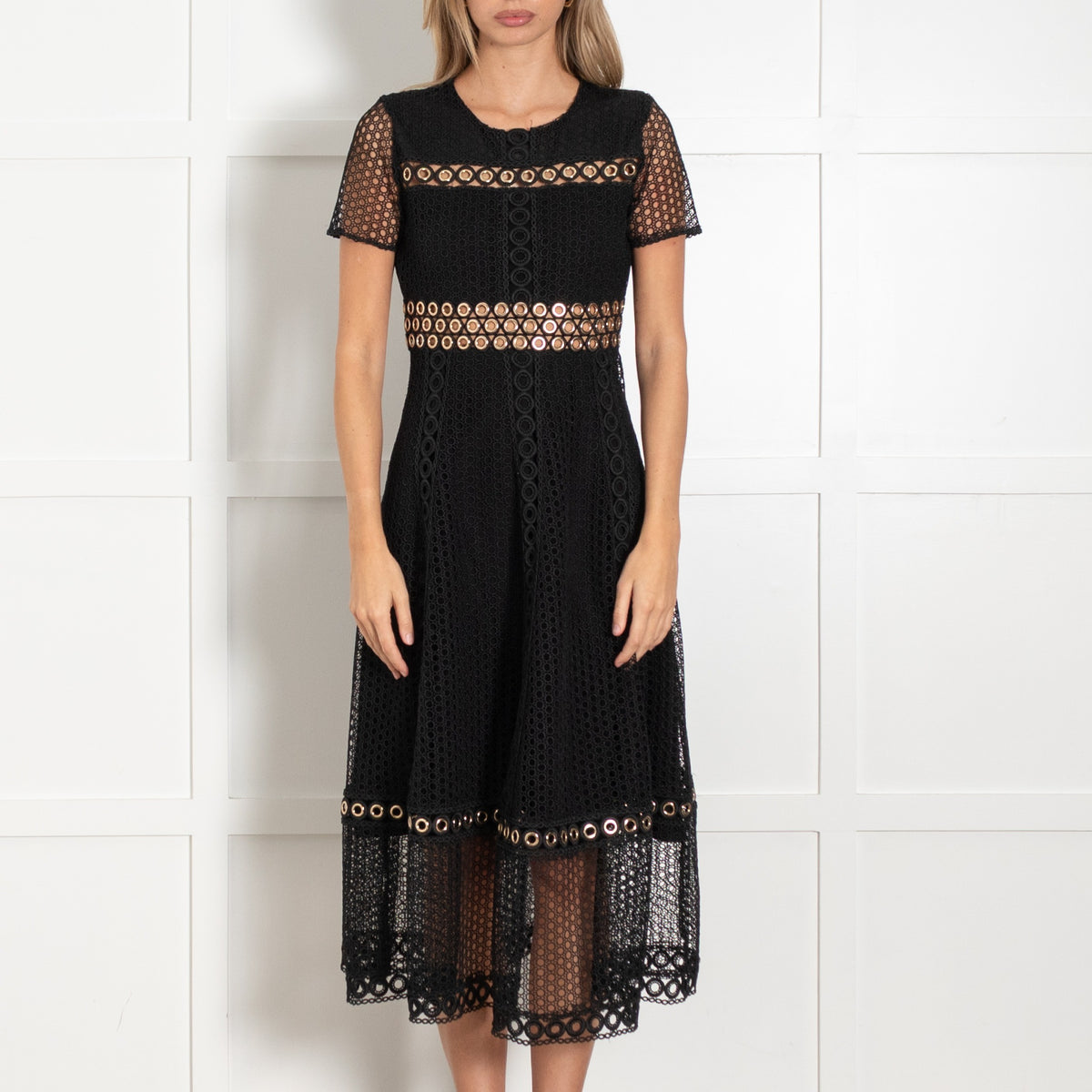 Maje Black Lace Eyelet Detail Midi Dress - Image 2