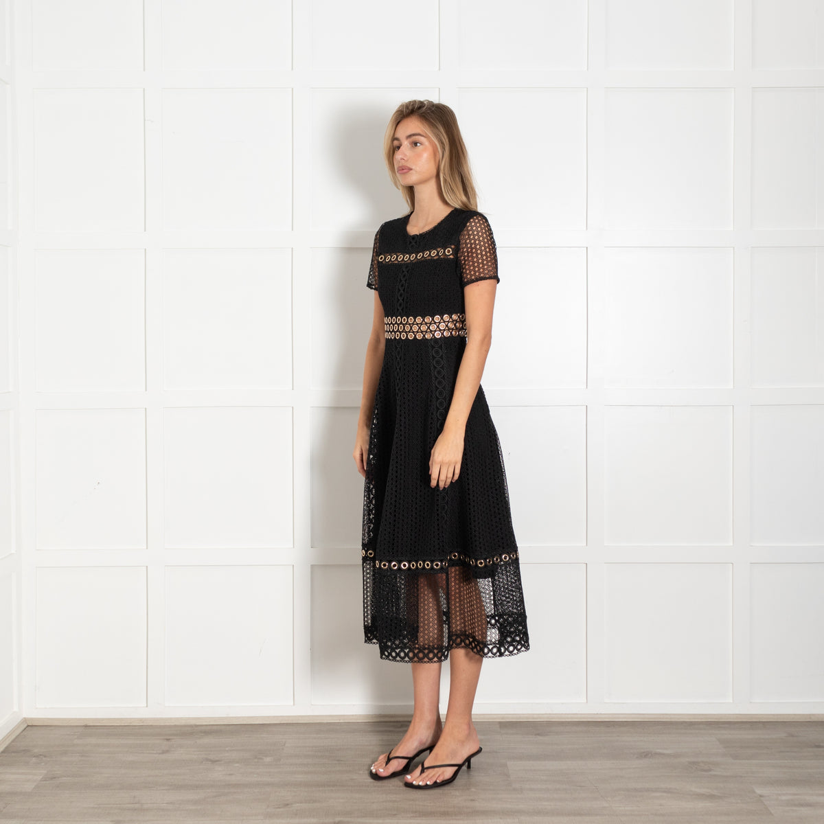 Maje Black Lace Eyelet Detail Midi Dress - Image 3