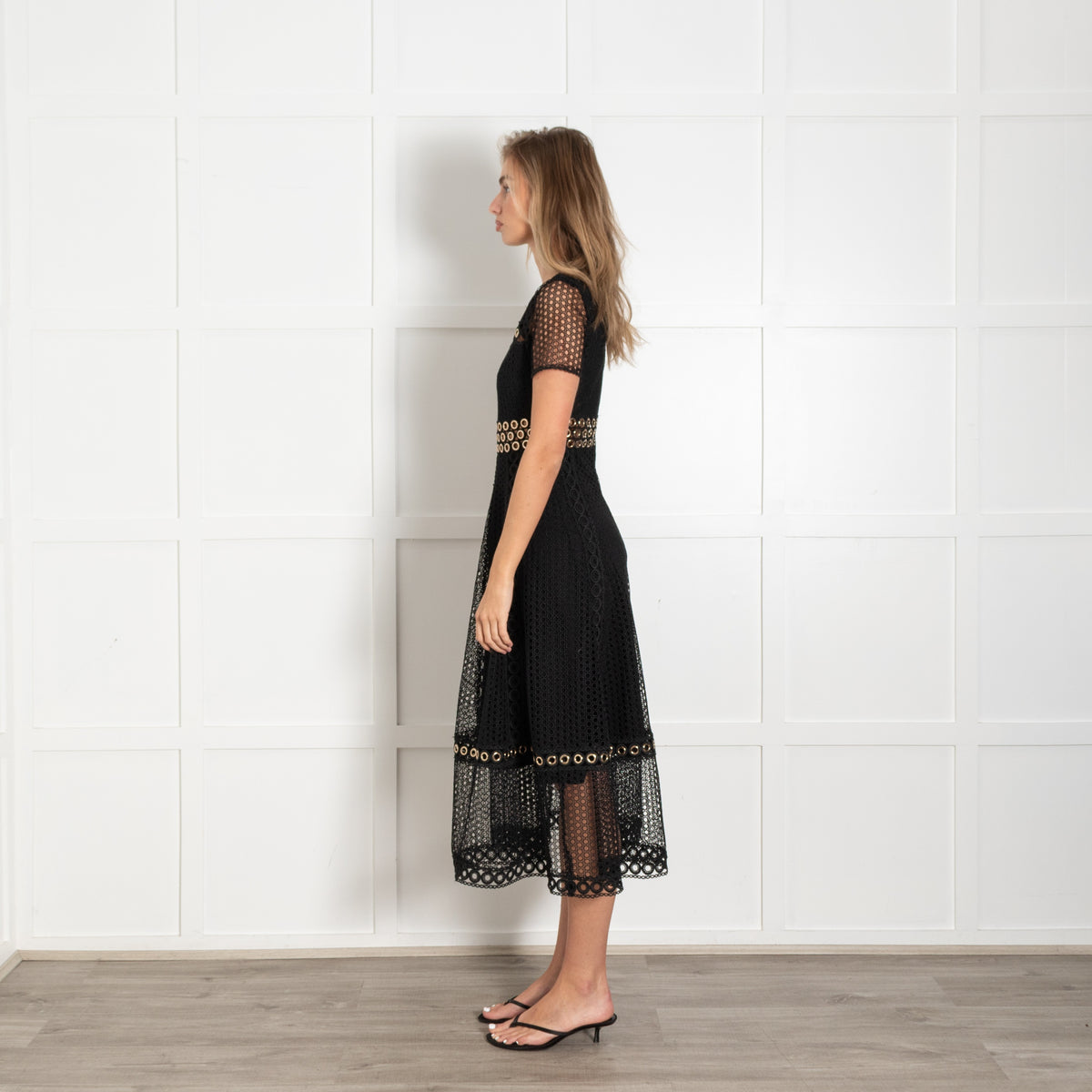 Maje Black Lace Eyelet Detail Midi Dress - Image 4