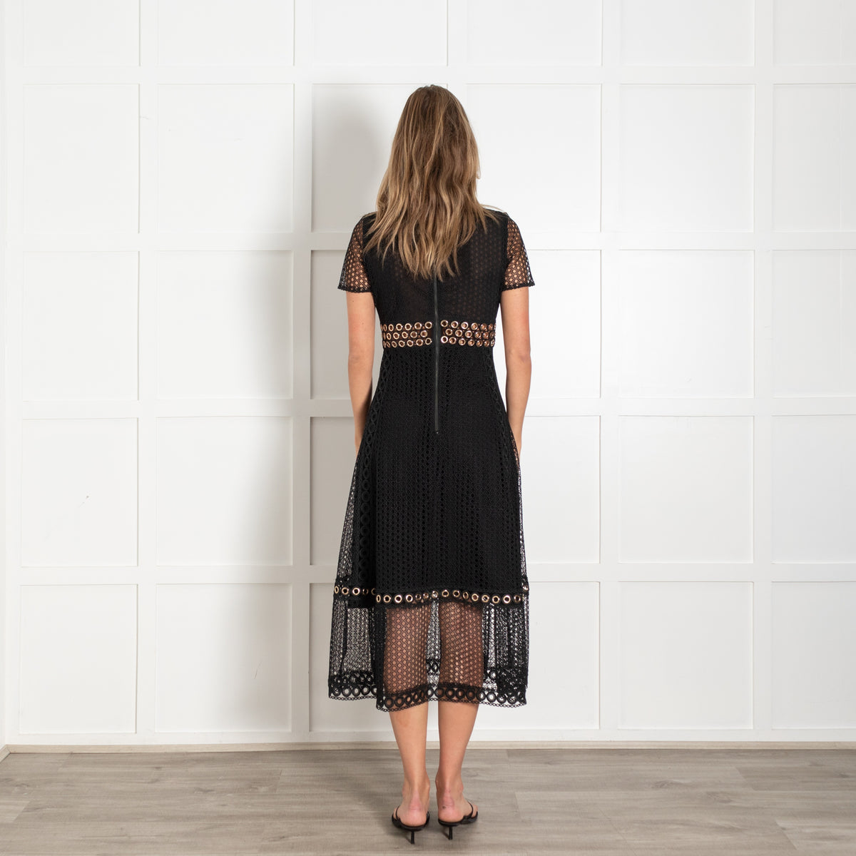 Maje Black Lace Eyelet Detail Midi Dress - Image 5