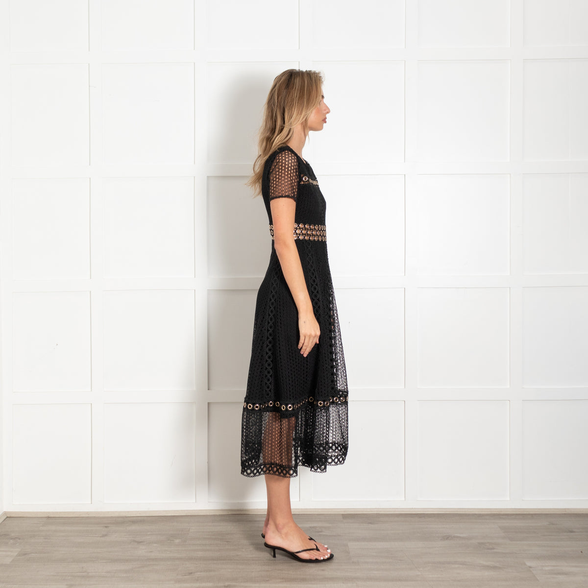 Maje Black Lace Eyelet Detail Midi Dress - Image 6
