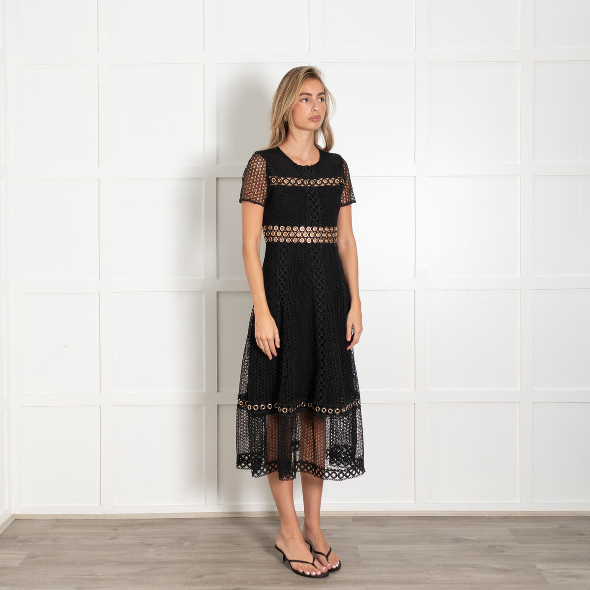 Maje Black Lace Eyelet Detail Midi Dress - Image 7