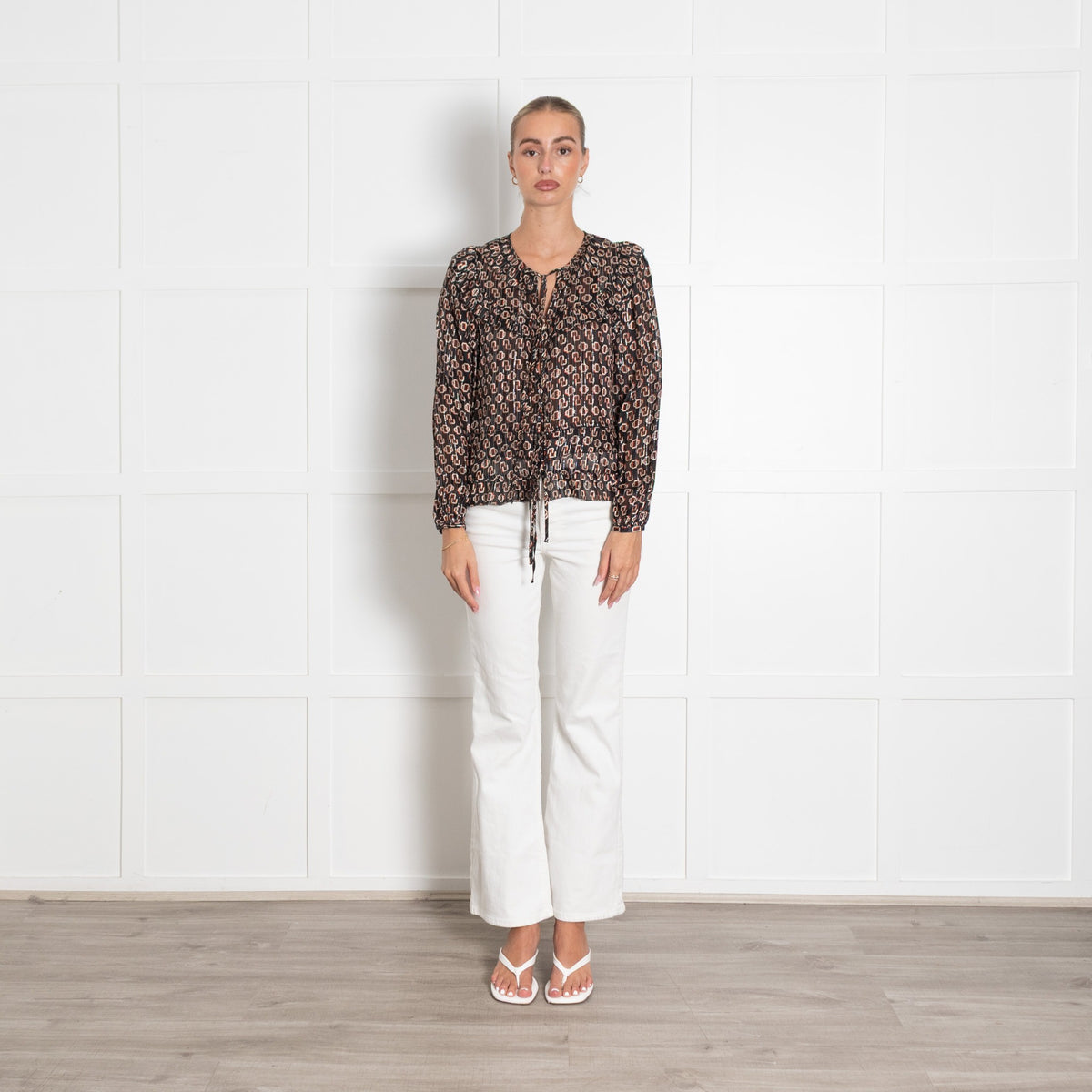 Maje Black, Orange and Cream Geometric Frill Hem Blouse - Image 1