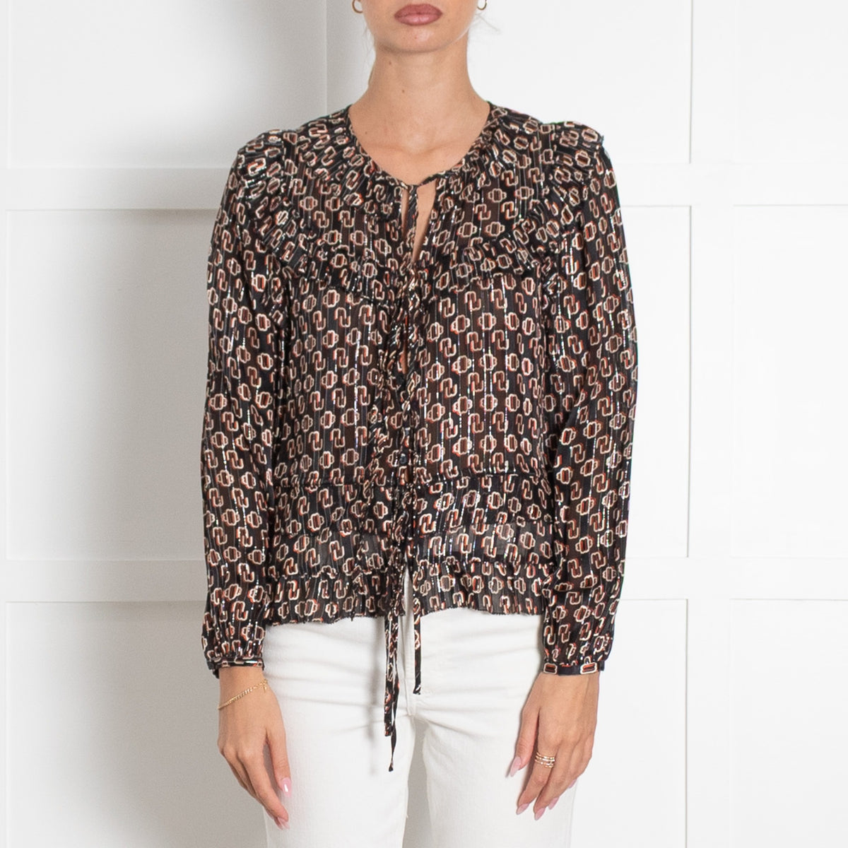Maje Black, Orange and Cream Geometric Frill Hem Blouse - Image 2