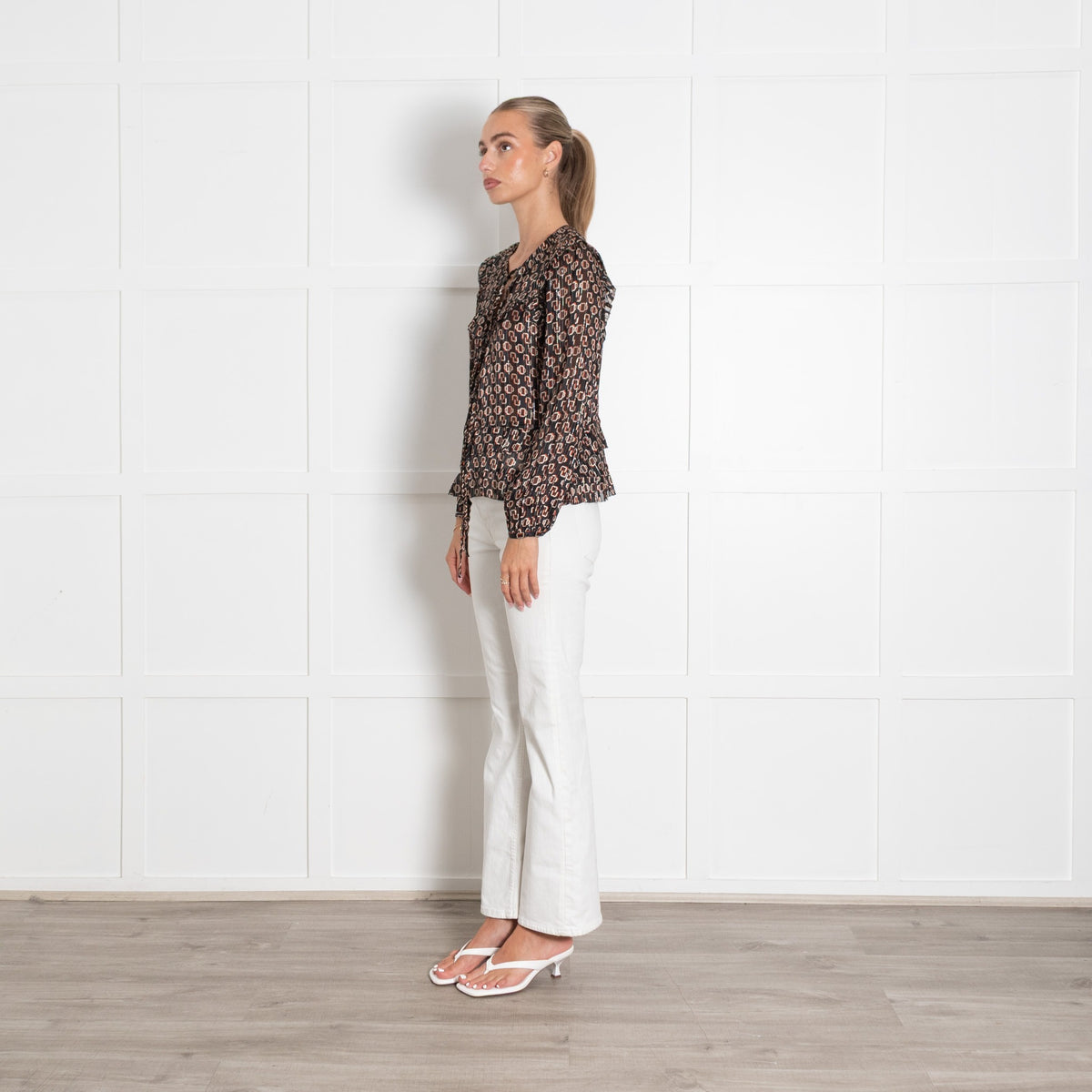 Maje Black, Orange and Cream Geometric Frill Hem Blouse - Image 3
