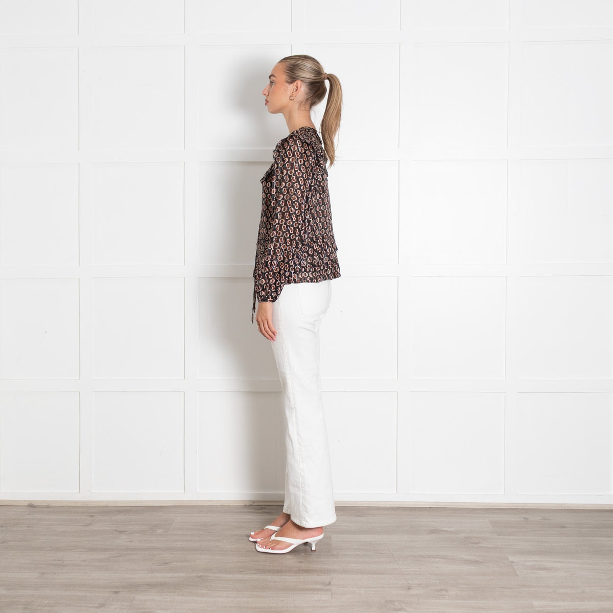 Maje Black, Orange and Cream Geometric Frill Hem Blouse - Image 4