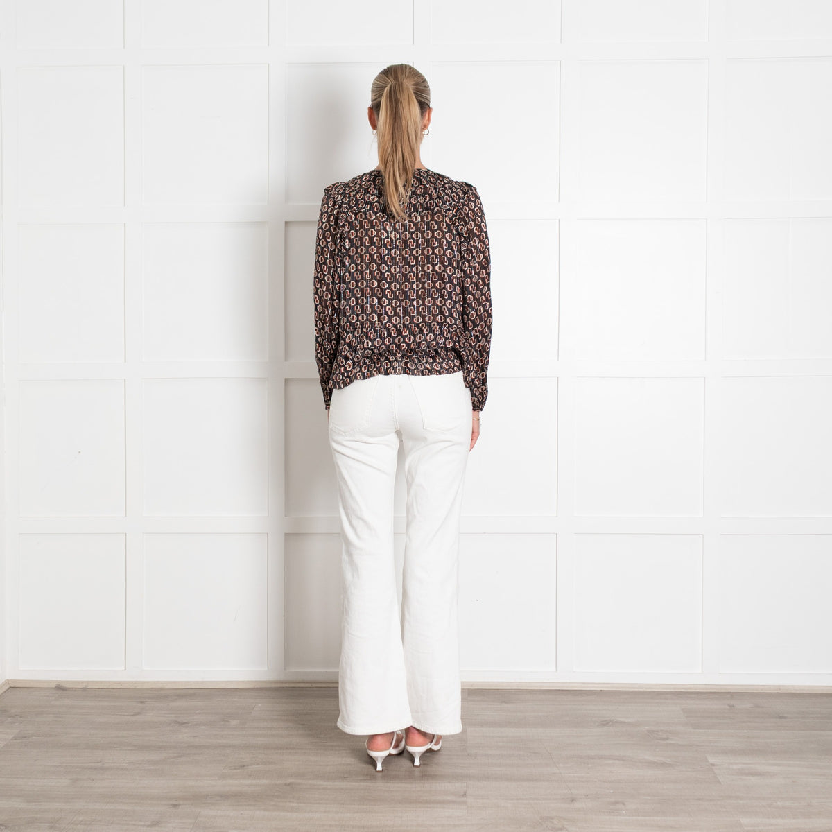 Maje Black, Orange and Cream Geometric Frill Hem Blouse - Image 5