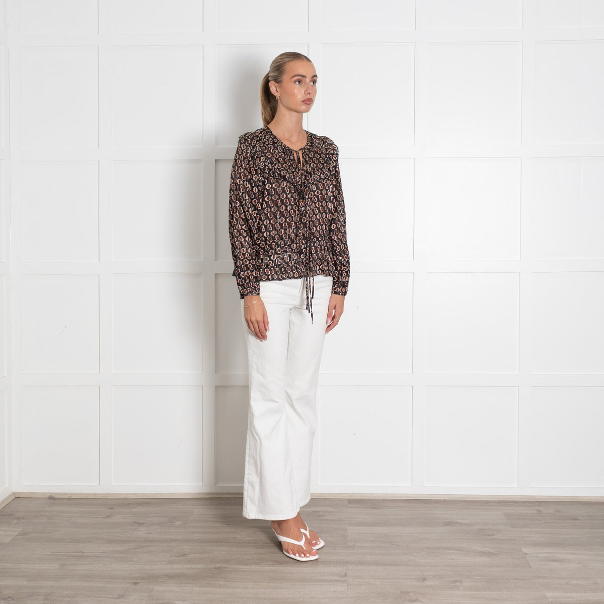 Maje Black, Orange and Cream Geometric Frill Hem Blouse - Image 7