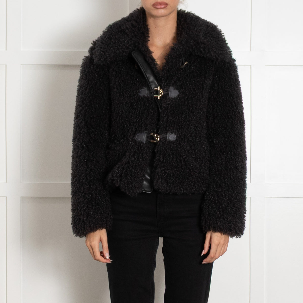 Maje Charcoal Grey Curly Faux Fur Silver Toggle Short Coat - Image 2