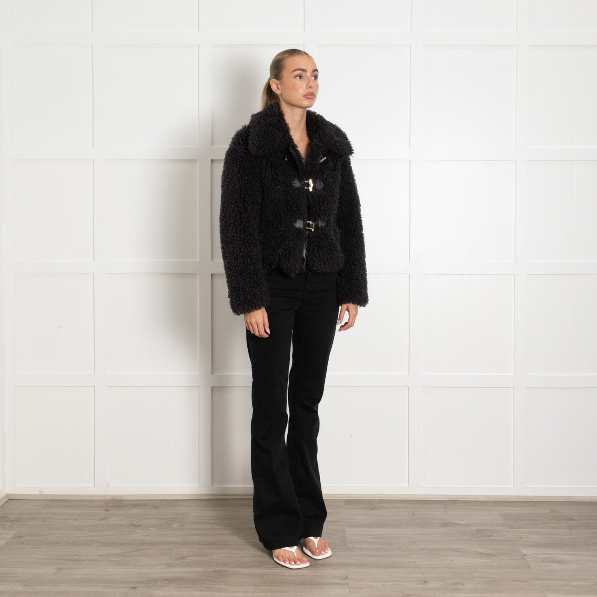 Maje Charcoal Grey Curly Faux Fur Silver Toggle Short Coat - Image 7