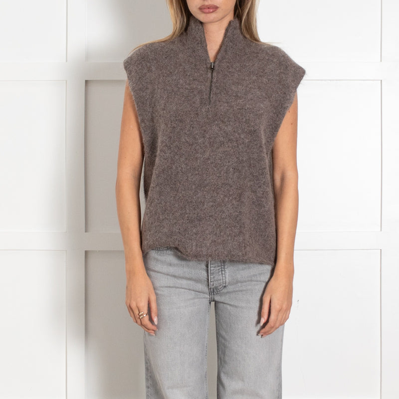 Majestic Filatures Deluxe Tricot Alpaca Mix Knit Half-Zip Brown Sleeveless Jumper - Image 2
