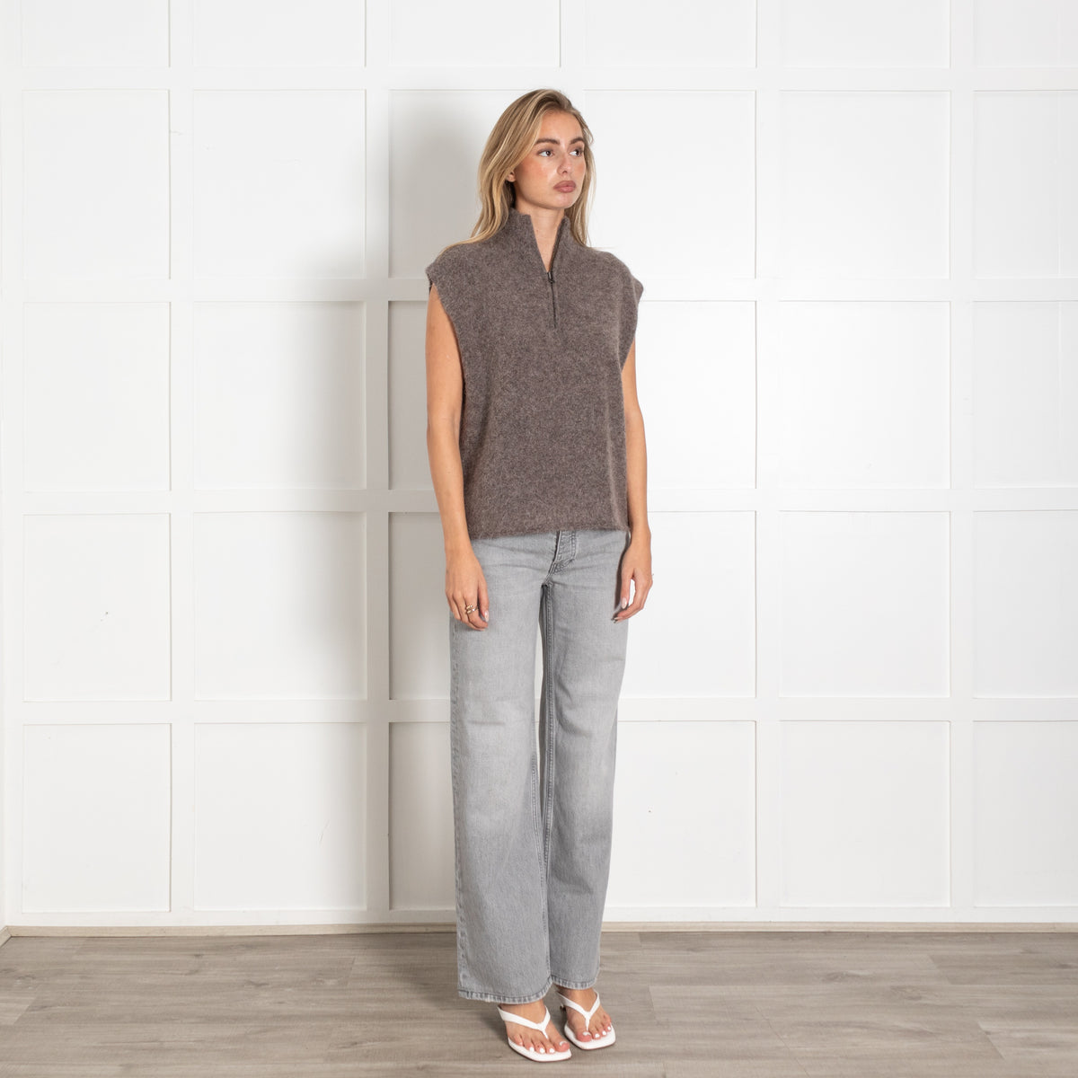 Majestic Filatures Deluxe Tricot Alpaca Mix Knit Half-Zip Brown Sleeveless Jumper - Image 7